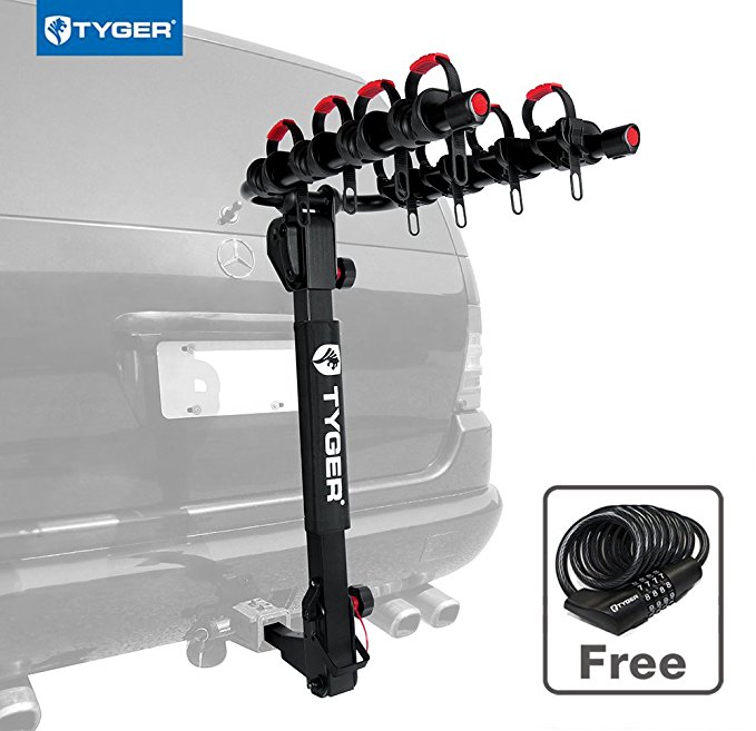 Tyger Auto TG-RK4B102B Deluxe 4-Bike Carrier Rack Fits Both 1-1/4'' and 2'' Hitch Receiver | with Hitch Pin Lock & Cable Lock | Soft Cushion Protector