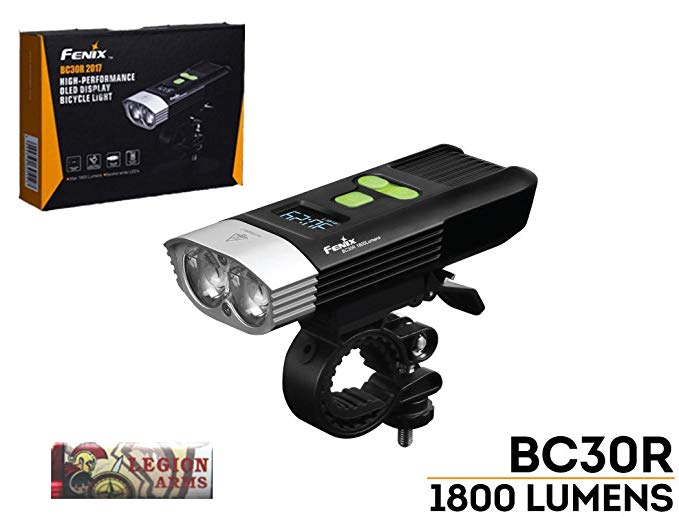 Fenix BC30R 2017 edition 1800 Lumens LED bike light, OLED display screen for the rest runtime and battery percentage, 5200mAh rechargeable battery, USB charging cord and LegionArms sticker