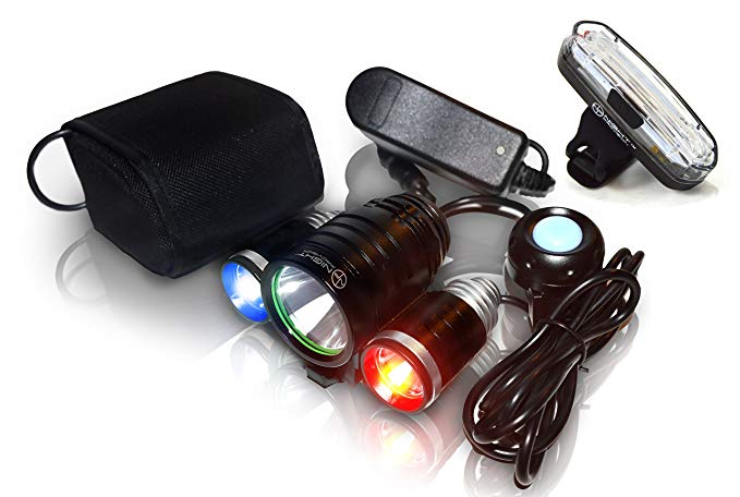 Stupidbright Night Provision PS1200v2 Front & Rear Police Bike Light Set: 1200 Lumens - Rechargeable 18hr Max - Water Proof - 5 Modes - Red/Blue Strobe LED - Real Police Patrol Lights For Bicycles