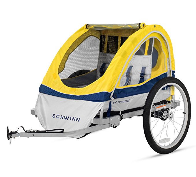 Schwinn Echo Kids/Child Double Tow Behind Bicycle Trailer, 20 inch wheel size, foldable, yellow